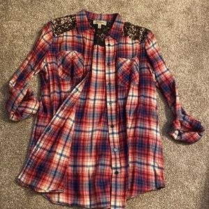 Express gold sequin red and blue plaid button up